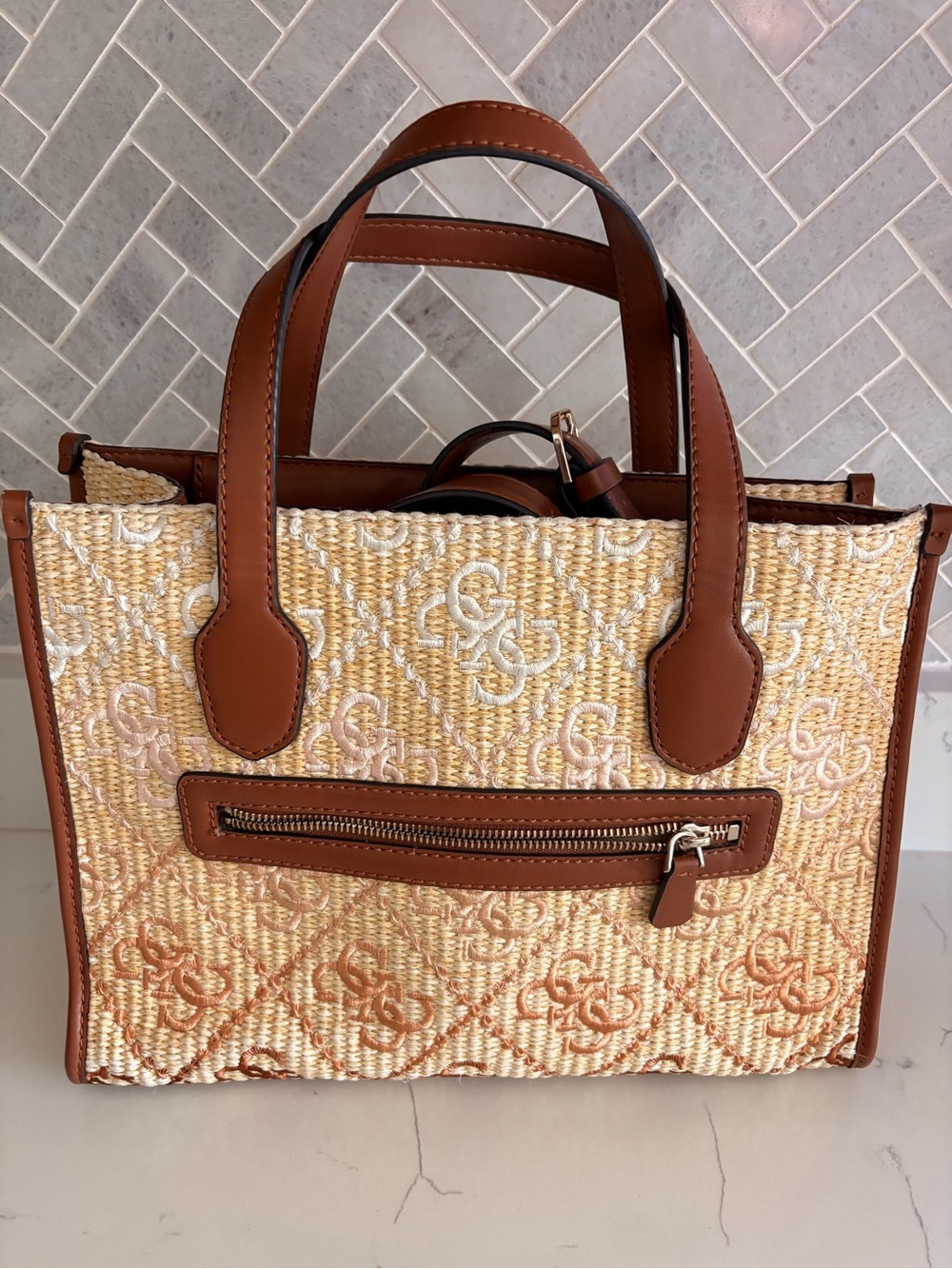 GUESS Straw Logo Tote with Brown Leather Trim